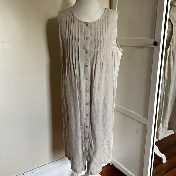 Vintage L.L. Bean Sleeveless Linen Button Front Neutral Tan/Canvas Dress Size 18 - Picture 1 of 9